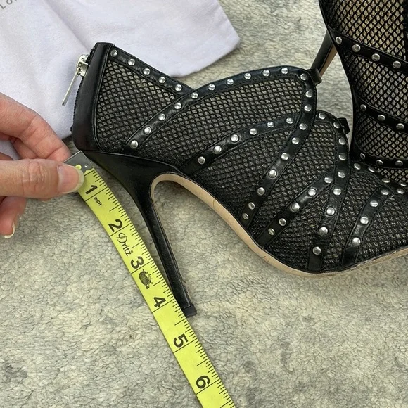 SOLD Jimmy Choo Karina Black Fishnet Studded Calf Leather Cage Heels with Box 37 - Picture 12 of 16